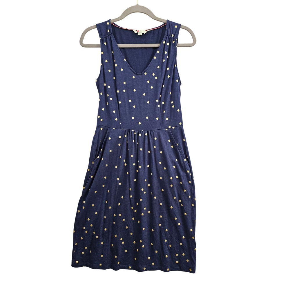 Boden Polka Dot Dress Womens 6R Navy Blue Gold Foil Sleeveless V-Neck Pockets